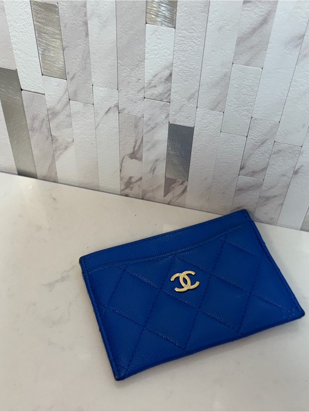 💙*RARE* CHANEL Caviar Quilted Card Holder Wallet in Cobalt Blue - Picture 2 of 15
